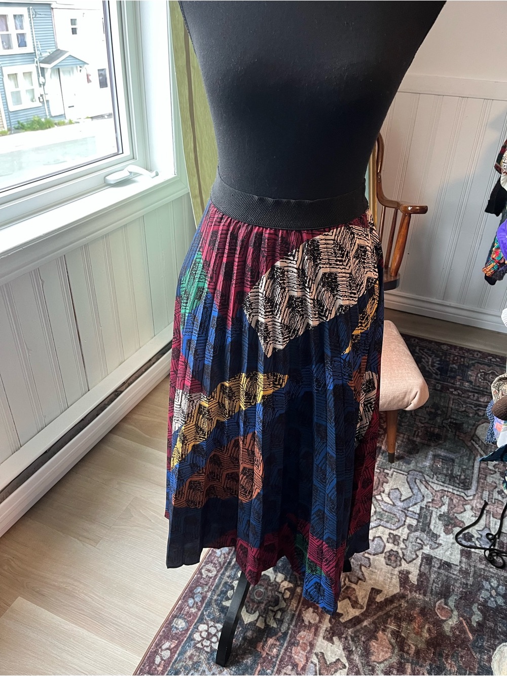 Women's Vintage Multi-Color Pleated Midi Skirt S elastic waist band - Picture 2 of 5